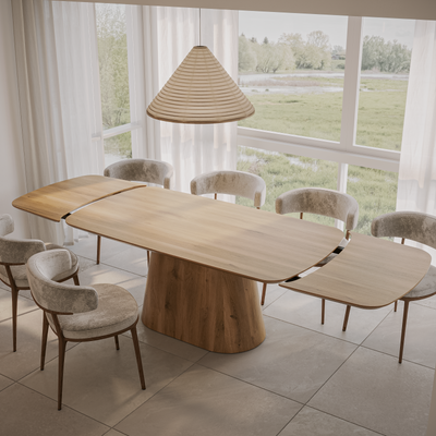 Deens-ovale eettafel „Romeo“ van massief eikenhout met aansteekplaten